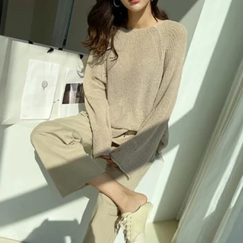 Sügis Pikad Varrukad Kootud Kampsun Korea Ümber Kaela Tahke Lahti Pullover Vabaaja Naiste Riided Streetwear Naine Tops