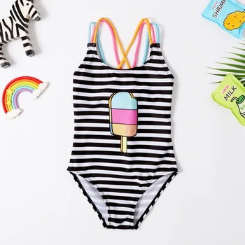 Tüdrukud Beachwear Triibuline Ühes tükis Ujumistrikoo Tüdrukutele Jäätis Prindi ilma Varrukateta ja Backless Supelrõivad Lapsed Suvel Bikinis 2021