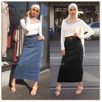 Moslemi Abaya Naiste Denim Dubai Pikk Pliiats Seelik Kleit Hijab Türgi Islami Riided Kõrge Vöökoht Femme Maxi Araabia Bodycon Seelik