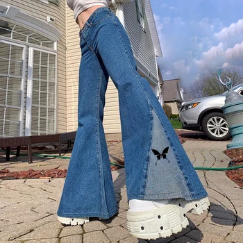 Uus Streetwear Vintage Cyber Y2k Kottis Põletatud Teksad Jogger Naiste Segast Liblikas Prindi Denim Sweatpants Harajuku Püksid 90s