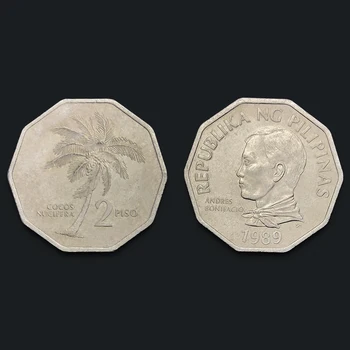 Filipiinid 2 Peeso Mündi Hulknurga Kookospähkli Puu 1989 Reaalne Originaal Mündid Kollektsiooni Autentne Unc