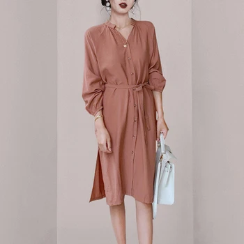 ZAWFL Uus 2021 Naiste Suvine Kleit Särk Ühe Karavan Mõõdus korea Stiilis Vintage Split Lace Up Lady Pikk Kleit