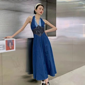 ECRURANI Sinine Elegantne Kleit Naistele V-Kaelus Pikk Varrukas Kõrge Vöökoht Segast Midi Kleidid Naiste Suve Riided 2021 Uus Stiil