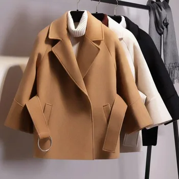 Abrigo de lana corto para mujer, chaqueta con cinturón, mitteametlik, a la moda, Värv sólido, holgado, caqui, 2021