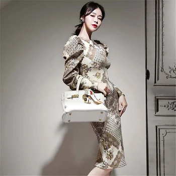 Mood Prindi Bodycon Kleit 2020. Aasta Sügisel Uus korea Stiilis Office Lady O-Kaelus Pikk Puhvis Varrukad Keskel Vasikas Kleit on Naiste Töö Kleidid