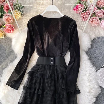 Seksikas V-kaelus Must Pool Kleit Elegantne Kõrge Vöökoht Ruffle Velvet Segast Midi Kleit Tiivad Vöö Naiste Mood Sügisel 2020