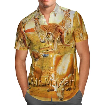 Kollane Loomade Känguru 3D Print Beach Hawaiian 2021 Suvel Lühikese Varrukaga Särk Streetwear Liiga Camisa Sotsiaalne Chemise Homme