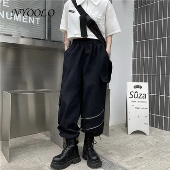 NYOOLO Harajuku Streetwear Zipper Big Pockets Elastic High Waist Cargo Pants Women Men Casual Hip Hop Cotton Black Trousers