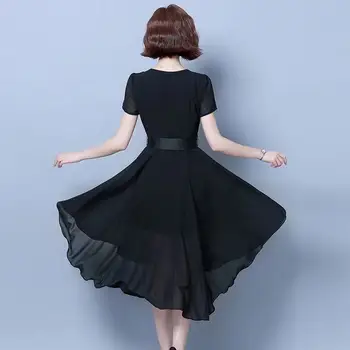 Sifonki Suvel Lühikesed Varrukad, V-Kaelus-Line Plus Size Lihtne Tahke Värv Must Kleit Korea Stiilis Kõrge Talje Kleit