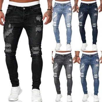 2021 meeste teksad keha slim teksad stretch denim püksid liiga hip-hop must sinine vabaaja sörkimine teksad meestele