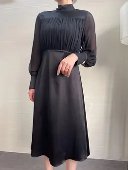 2021 Uus Suvi Silk Naiste Kleit Pikk Varrukas Draped Tagasi Vibu Seksikas Valge / Must Kuulsus Õhtul Raja Partei Kleit Vestido