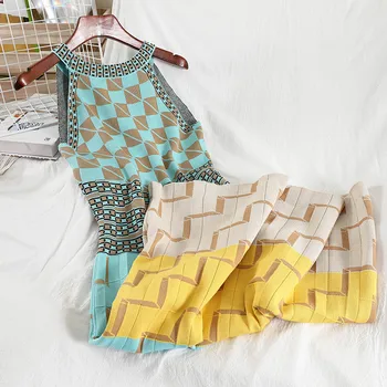 Naiste Color-blocking Halterneck Kootud Kleit 2021 primavera Uus Varrukateta keskmise pikkusega Kleit Naine f303