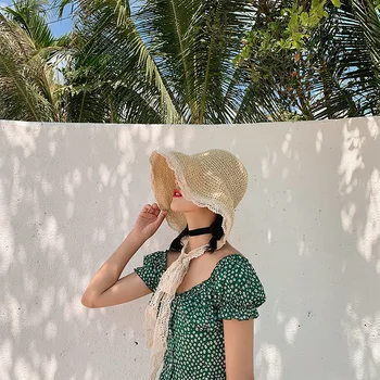 Mood Daamid Straw Hat Beach Straw Hat Päikesekaitsetoodete Pitsiline Kootud Müts Reisimine Puhkus Rannas Päikesevarju Müts Ins Väikesed Värsked Õled Müts
