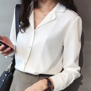 Pluusid Femme Pika Varrukaga Valge Pluus Naiste Office V-Kaeluse Chiffon Pluus Särk Topid Naistele Blusas Mujer De Moda 2021 Särgid B230