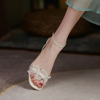 Kmeioo 2021 Suvel Uue Nahast Sandaalid Õhuke Kass Kanna Lihtne Fairy Style Pits Lill Naiste Sandaalid Pahkluu Lukk Daamid on kinga