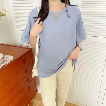 Jaapan ja Lõuna-Korea 2021. aastal uue lihtsa puhta värvi naiste suvel uus bud siidist särk tasku