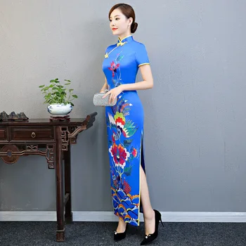 Traditsiooniline Hiina Daam Puuvillased, Linased Lühikesed Varrukad Blue Print Cheongsam Slim Elegantne Pidulik Kõrge Split Qipao
