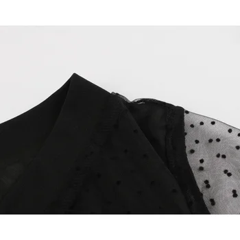 Must V-Kaelus Pikk Varrukas Punktiir Võrgusilma Overlay Midi Kleit Kevad Sügis Naiste Kõrge Vöökoht Elegantne Pool Rüü Vintage Plisseeritud Kleit