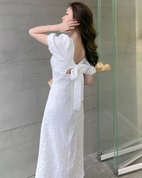 Uus 2021 Naiste Suvel Kleidid Square Krae Kõrge Vöökoht Elegantne Backless korea Stiilis Lace Up Lady Wild Kleit