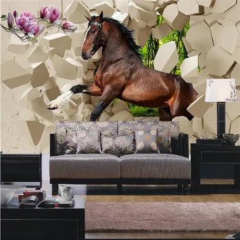 Beibehang Modern photo wallpaper 3D stereoscopic horses galloping into the room wallpaper the living room TV backdrop restaurant