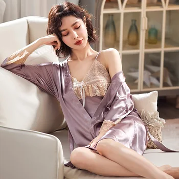 Siidist pidžaama naiste suvine seksikas jää silk traksid kaks rõivakomplekti kodus kandma prantsuse pitsi nightgowns hommikumantel