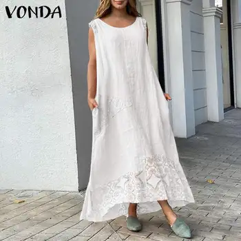 Suvel Bohemian Kleit Naiste Vabaaja Värviga Asümmeetriline Kleit Sundress 2021 VONDA Vintage Pits Segast Vestidos