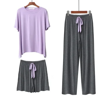 3 Tükki Pidžaama Komplekt Modal Vabaaja Lahti Kevad Sügis Sleepwear Lühikeste varrukatega lühikesed Püksid, Pikad Püksid Pehme Kodus kandma