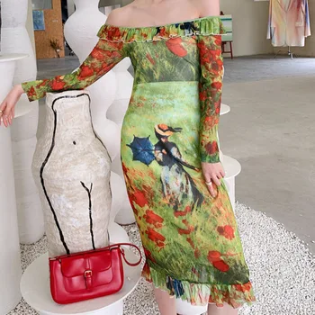 Suvel Õlimaal Seksikas Maha Õla Slim Vintage Kleit Mood Elegantne Ruffles Pikad Varrukad Bodycon Sifonki Kleit Vestido 2021