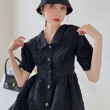 Kõrge Vöökoht Rinnamikrofon Ühe Karavan Puhvis Varrukad Must Mini Kleit Daamid Slim Suvel 2021 Elegantne Lühike Kleidid Vestidos Uus Mood