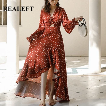 REALEFT 2021 Uusi Puhkus Bohemian Kleit Vintage Elegantne V-Kaelus, seest Õõnes Välja Ees Ruffles Alt Punkte Trükitud Pikad Kleidid