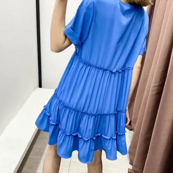 Daamid kleit 2021 kevadel uus retro V-kaeluse plisseeritud lühikeste varrukatega õhuke kõrge vöökoht slim stiilne sinine kihiline õmblemine mini kleit