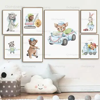 Lõuend Maali Cartoon Karu Jänes Rebane, Öökull Õhupalli Lennuk Seina Art Plakatid ja Pildid Põhjamaade Seina Pilte Kids Room Decor