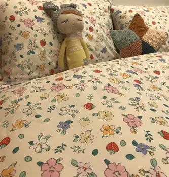Pastoraalne lill maasika voodipesu komplekt tüdruk,prantsuse lilleline puuvillane twin täielik kuninganna kodutekstiili voodi lehel padjapüür tekk kate