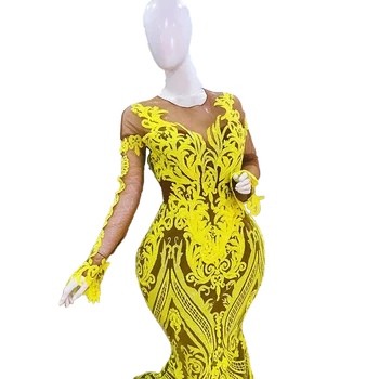 Merineitsi Kollane Pits Aafrika Kleidid Naistele vestito da donna elegante cerimonia Pikkade Varrukatega abito da cerimonia donna lungo