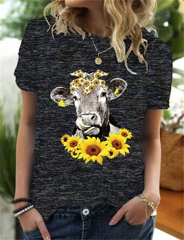 Naiste T-särk Graafiline Päevalille Lehm Pulli Vintage Mullikad Armas Trükitud Top Tshirt Naine Tee Särk Daamid Riided T-särk