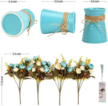 Kunstlik roos flower arrangement keskpunkt, mille sinine vaas keraamiline home decor