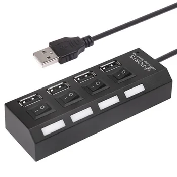 High Speed, Mini 4 Ports USB 2.0 Hub Adapter Sinine LED Valgus Lüliti