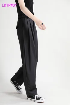 LDYRWQY 2021 suvel uus lahtised Jaapani casual fashion tahked värvi püksid Polüester Office Lady Sifonki nööpidega