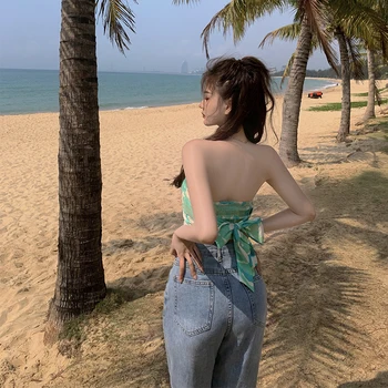 COIGARSAM Prindi korea pluus naiste Suvel Backless Olkaimeton Spagetid Rihm blusas naiste topid ja pluusid Roheline Kollane A810B