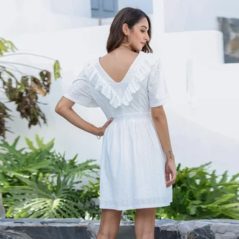Donsignet Mood Naiste Kleit Suvel Kuuma-müüa Vabaaja V-kaeluse Pullover (Solid Color Seksikas Õõnes Ruffled Lühikeste varrukatega Kleit