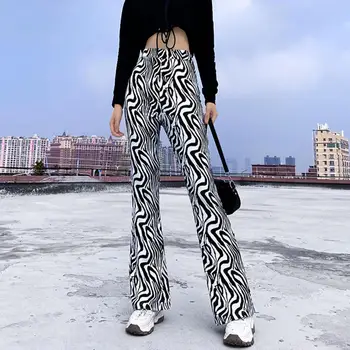 2021 Suvel Uus Mood Lahvatas Püksid Sebra Triibud Prindi Alasti Mood Naiste Kõrge Vöökoht Zebra Bell-bottom Pükse Vaba aeg