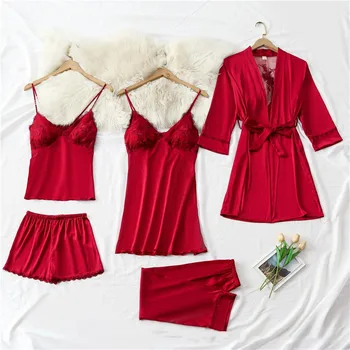 Seksikas Sleepwear 5TK Pidžaama Komplekt Naistele Siidine Nightwear Faux Siidist Rüü Kimono Hommikumantel Kleit Koos Pits Pehme Intiimne Pesu