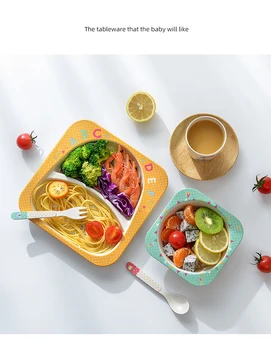 Bamboo laste toidunõude komplekt, loominguline cartoon kaussi, grid taldrik, lusikas, kahvel, tass, viie-osaline kingitus lauanõud