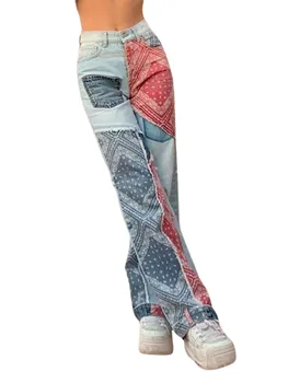 Uus Naiste Vintage Lai Jalg Teksad, Vabaaja Kõrge Vöökoht Boho Prindi Segast Loose Fit Denim Püksid