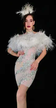 Vilkuvad Rhinestone Valge Sulg Läbipaistev Lühike Kleit Õhtul Sünnipäeva Tähistada Silma Riided Naistele Tantsija Tanssiaiset Kleit