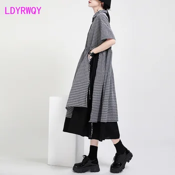 LDYRWQY 2021 uus Jaapani ja korea võre õmblemine must võltsitud kaks-töö lühikeste varrukatega ebaregulaarne suve kleit