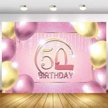 Roosa, Lavendel Õhupallid 50. Foto Taustaks Lady Happy Birthday Party Dekoratsioon Õhupalli Fotograafia Taustaga Banner