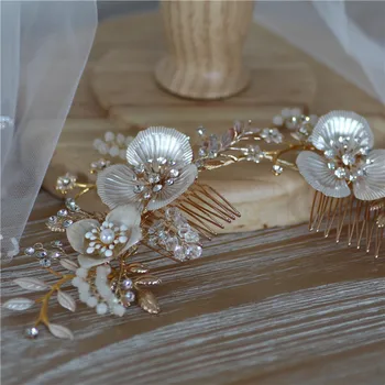Boho Kuld Õie Pulmad Juuksed Crown Tiara Naiste Kõnniteed Tarvikud Käsitöö Leaf Headpiece Pruudi Pikad Juuksed Kamm