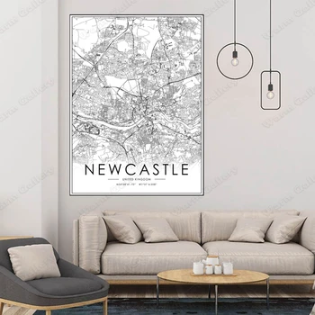 Must ja Valge City Kaart Newcastle City Kaart Plakat HD Prindi Seina Art Lõuend Nordic Landscape Painting puhul home Decor