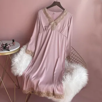 Suvel Uued Pikad Varrukad Kodus Kaste Kleit V-Kaeluse Nightwear Naiste Nightgowns Intiimne Pesu Satiin Seksikas Nightgowns Homewear